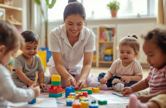 An adult sitting in a circle with 4 young children playing with toys